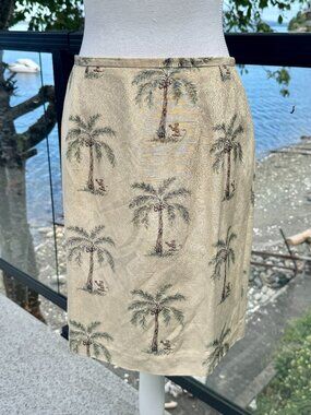 Talbots Silk and Linen Tan Tropical Palm Tree and Monkey Print Skirt Size 8P